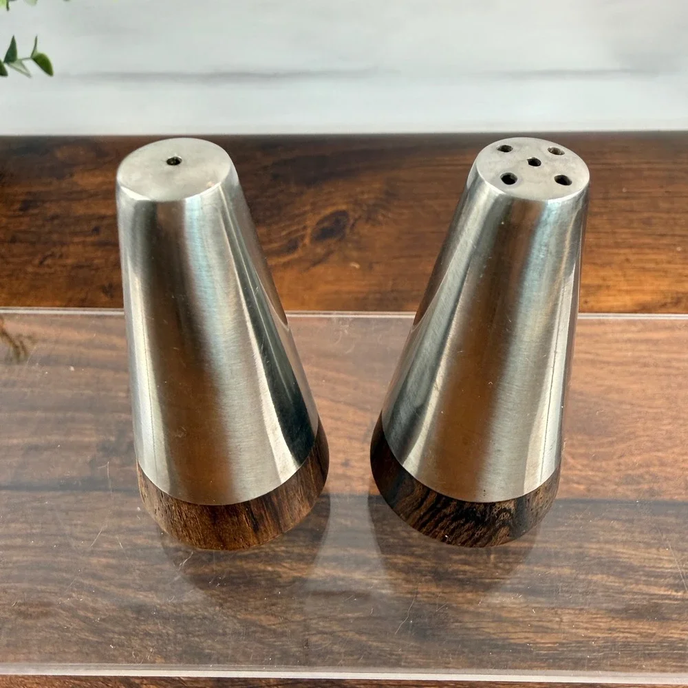 A&B Denmark Teak & Stainless Steel Salt Pepper Shakers Mid Century
